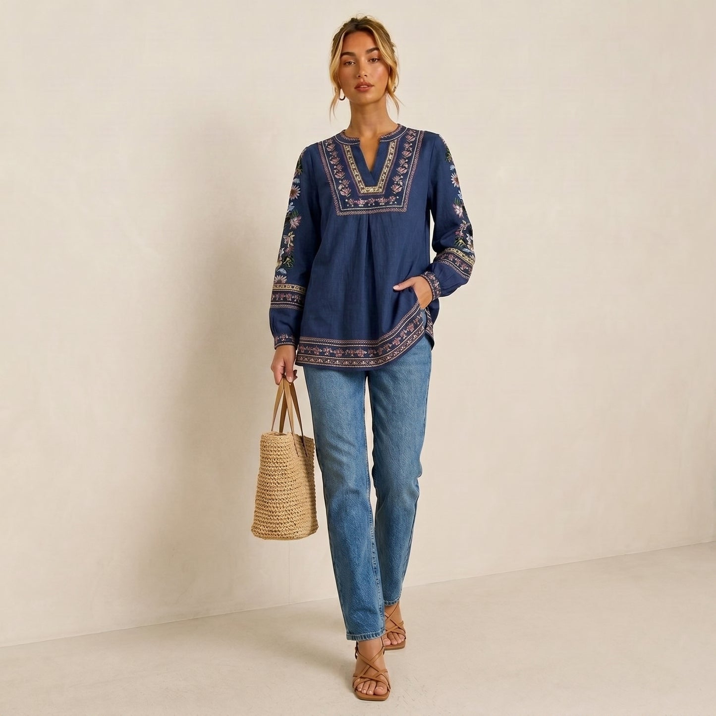 Embroidery Flower Totem Pullover Shirt