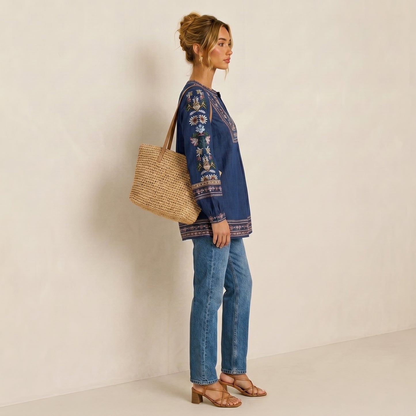 Embroidery Flower Totem Pullover Shirt