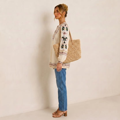 Embroidery Flower Totem Pullover Shirt