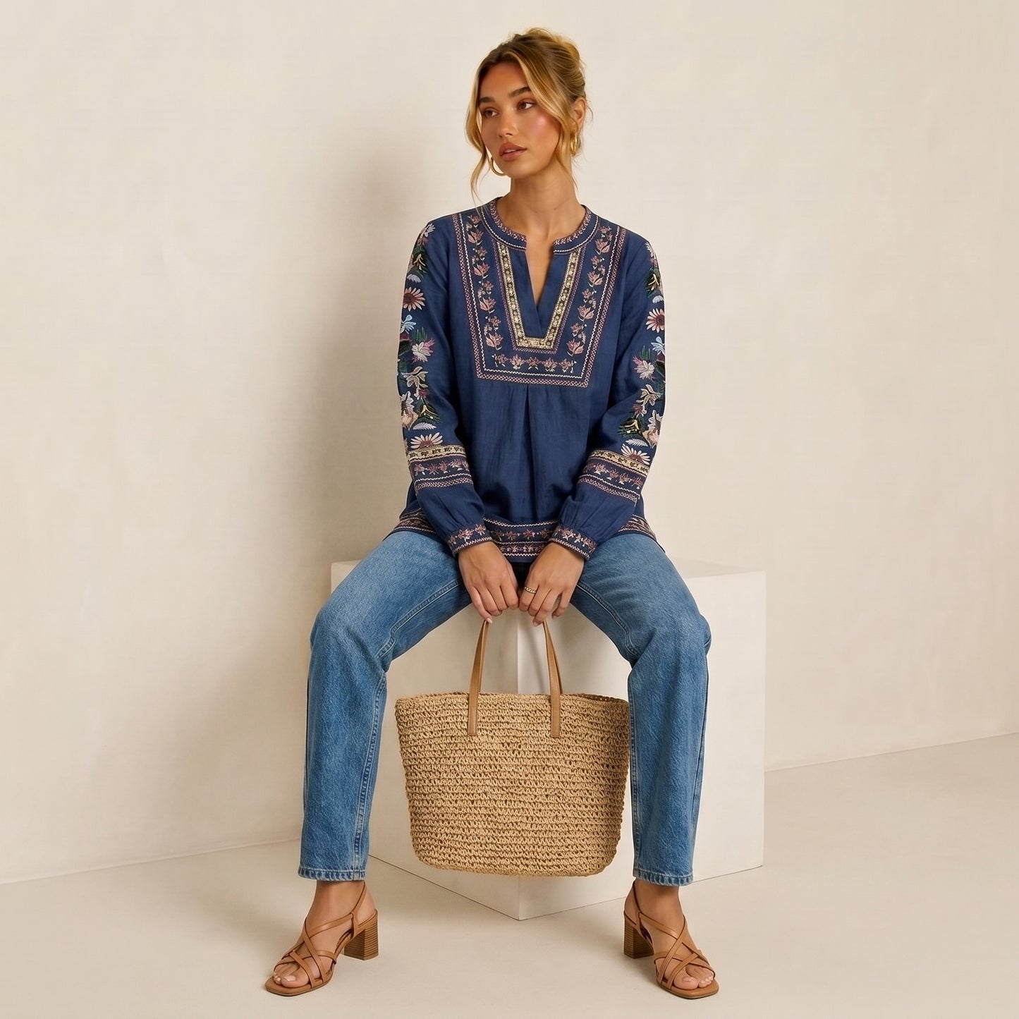 Embroidery Flower Totem Pullover Shirt