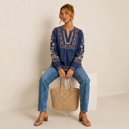 Embroidery Flower Totem Pullover Shirt