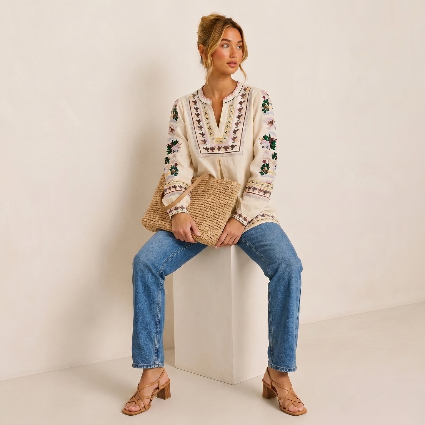 Embroidery Flower Totem Pullover Shirt
