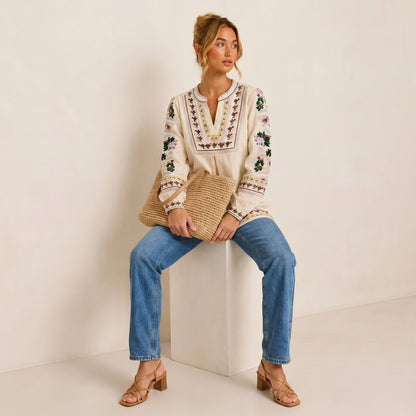Embroidery Flower Totem Pullover Shirt