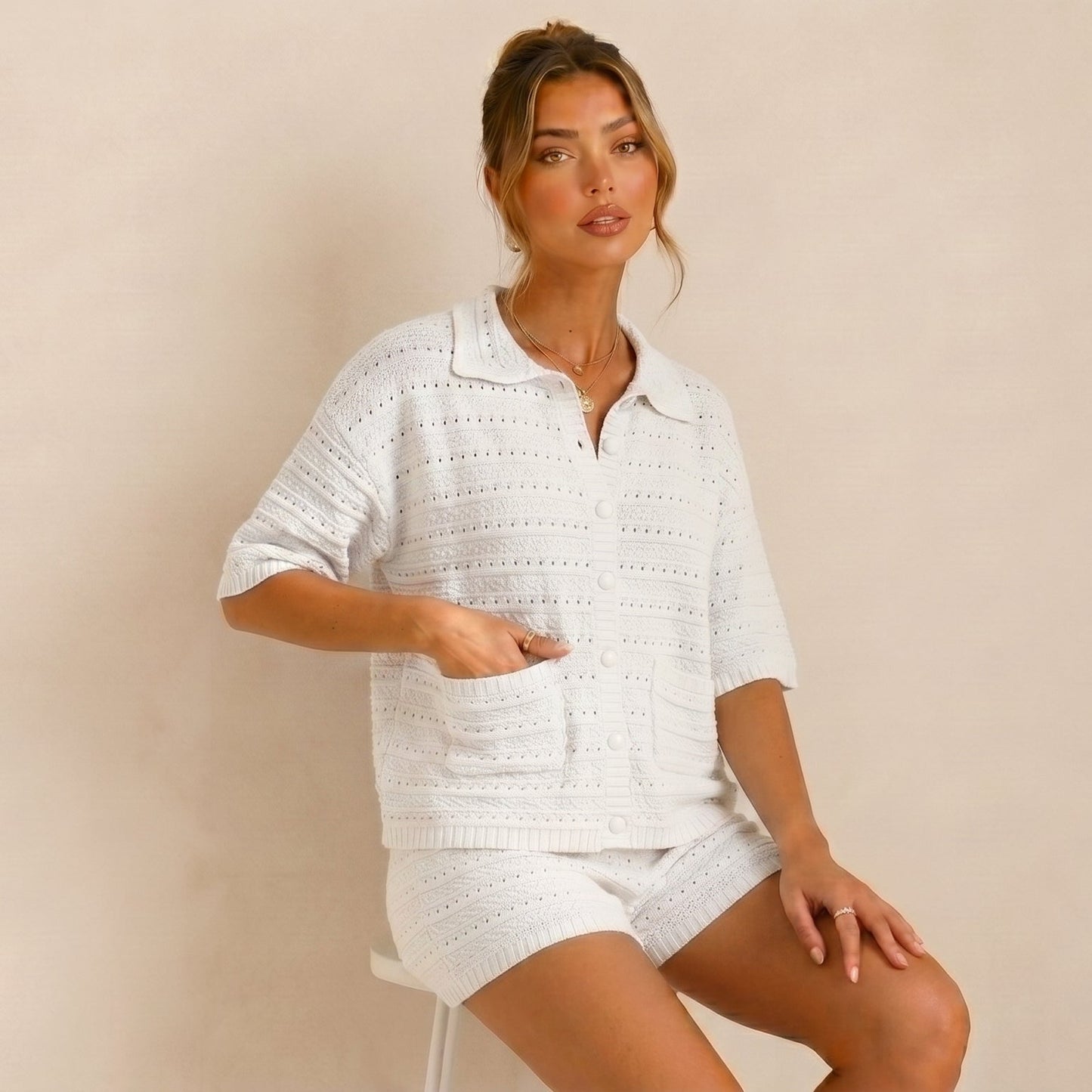 Crochet Knit Shorts Set 2 Piece