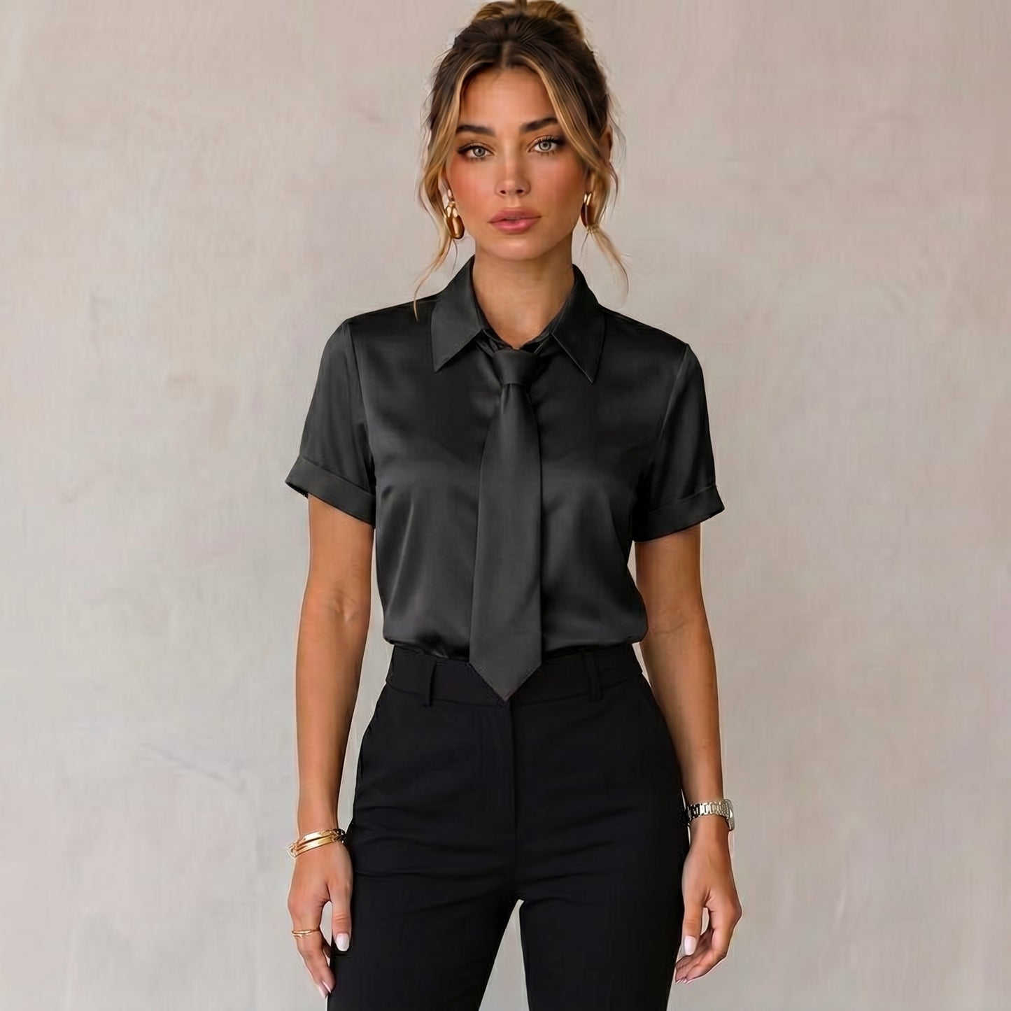 Elegant short sleeve blouse Office Shirt