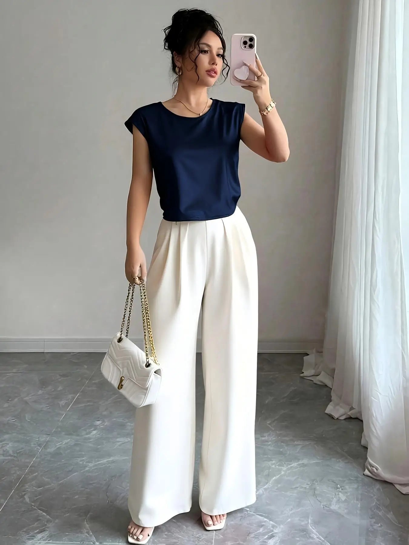 Elegant Solid Color Silk Vest And Pants Set for Women