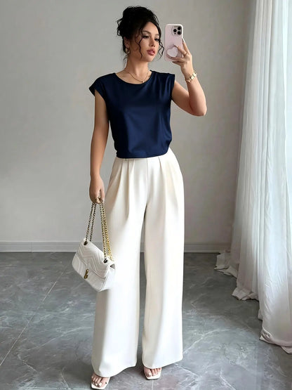Elegant Solid Color Silk Vest And Pants Set for Women