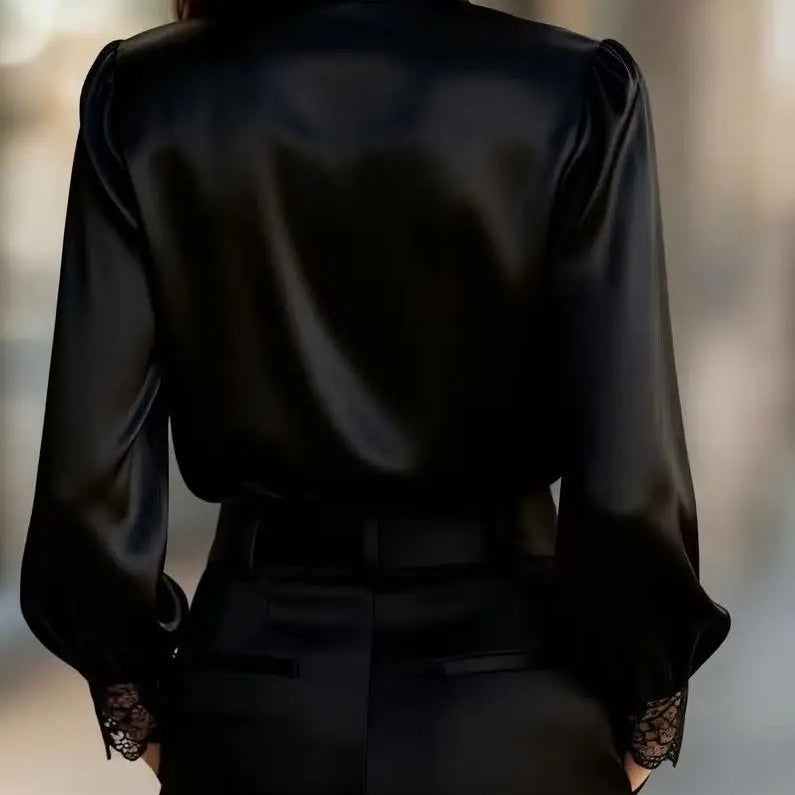 White Lace-Trimmed Satin Blouse