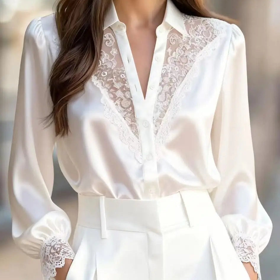 White Lace-Trimmed Satin Blouse