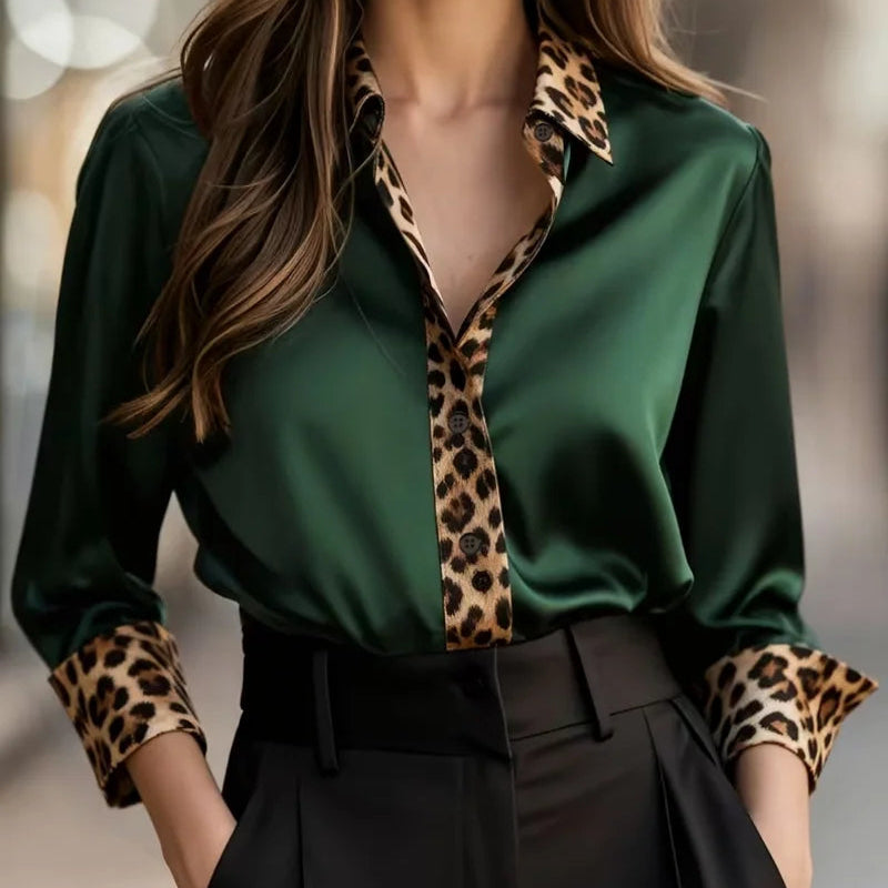 Leopard Print Collar, Cuffs & Placket, Loose Fit Blouse Tops