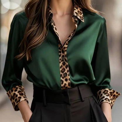 Leopard Print Collar, Cuffs & Placket, Loose Fit Blouse Tops