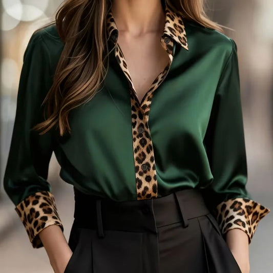 Leopard Print Collar, Cuffs & Placket, Loose Fit Blouse Tops