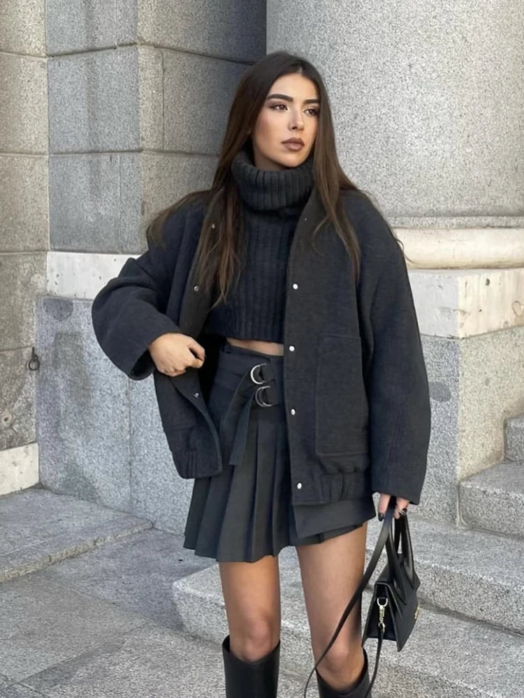 Women Vintage Black Tweed Jacket