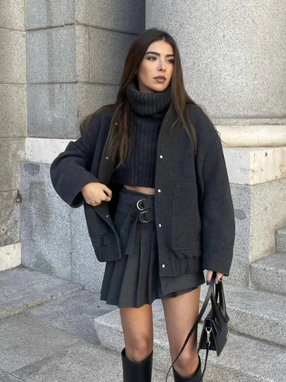 Women Vintage Black Tweed Jacket