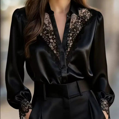 White Lace-Trimmed Satin Blouse