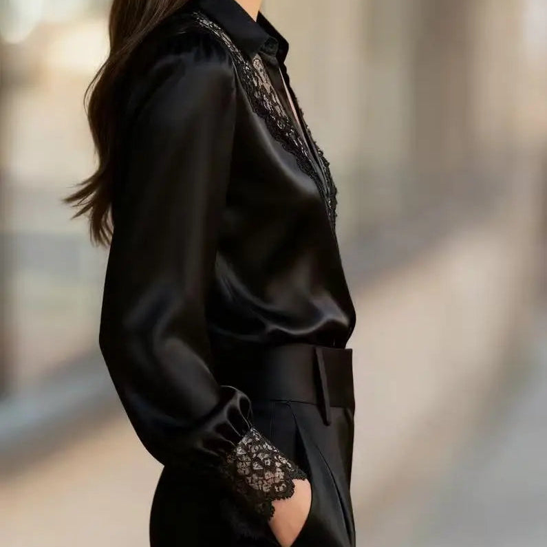 White Lace-Trimmed Satin Blouse