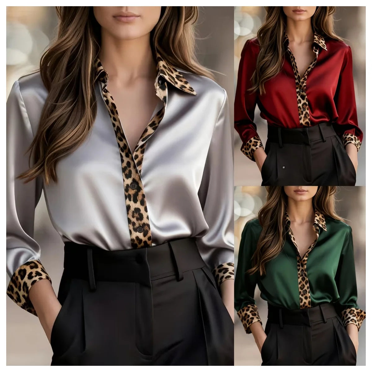 Leopard Print Collar, Cuffs & Placket, Loose Fit Blouse Tops