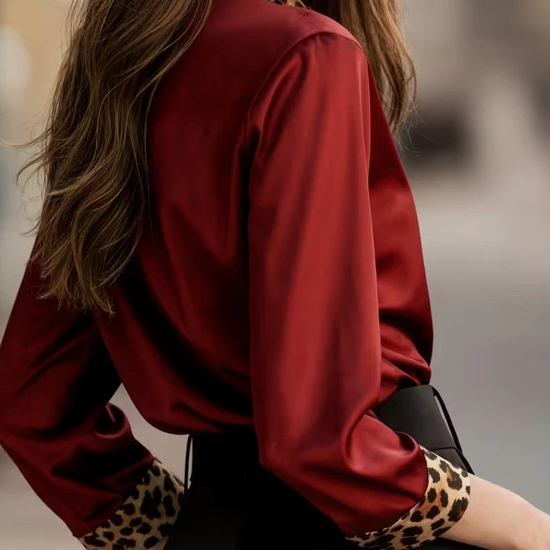 Leopard Print Collar, Cuffs & Placket, Loose Fit Blouse Tops