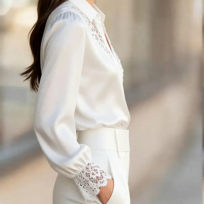 White Lace-Trimmed Satin Blouse