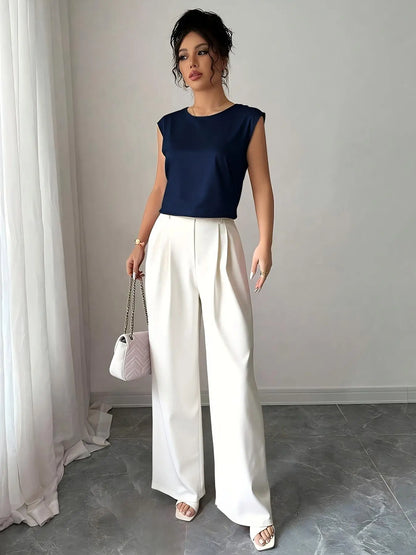 Elegant Solid Color Silk Vest And Pants Set for Women