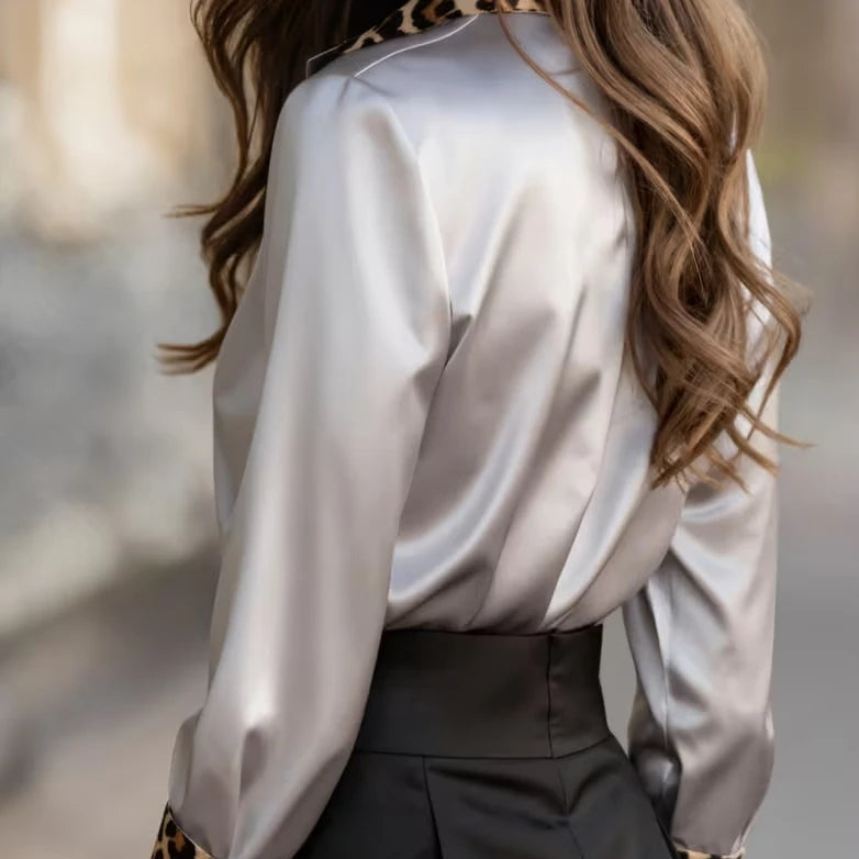 Leopard Print Collar, Cuffs & Placket, Loose Fit Blouse Tops