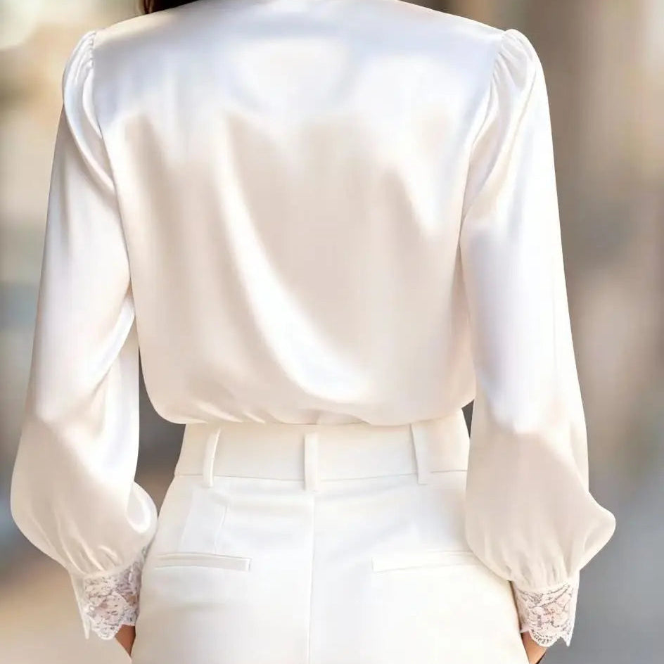 White Lace-Trimmed Satin Blouse