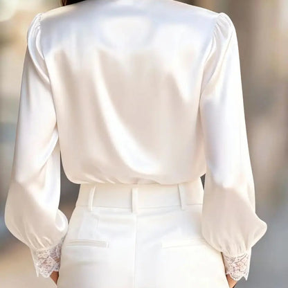 White Lace-Trimmed Satin Blouse