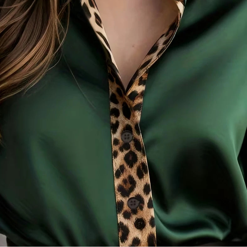 Leopard Print Collar, Cuffs & Placket, Loose Fit Blouse Tops
