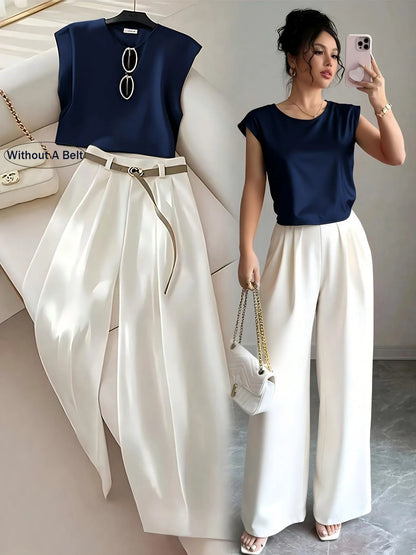 Elegant Solid Color Silk Vest And Pants Set for Women