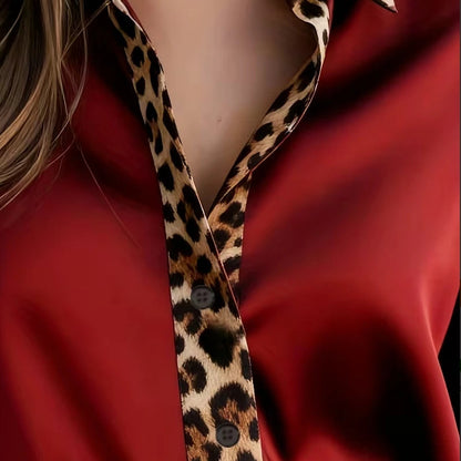 Leopard Print Collar, Cuffs & Placket, Loose Fit Blouse Tops