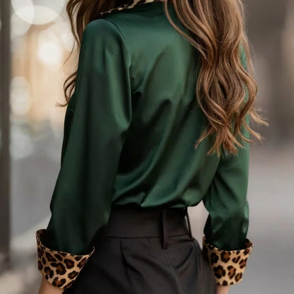 Leopard Print Collar, Cuffs & Placket, Loose Fit Blouse Tops