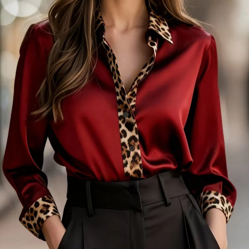 Leopard Print Collar, Cuffs & Placket, Loose Fit Blouse Tops
