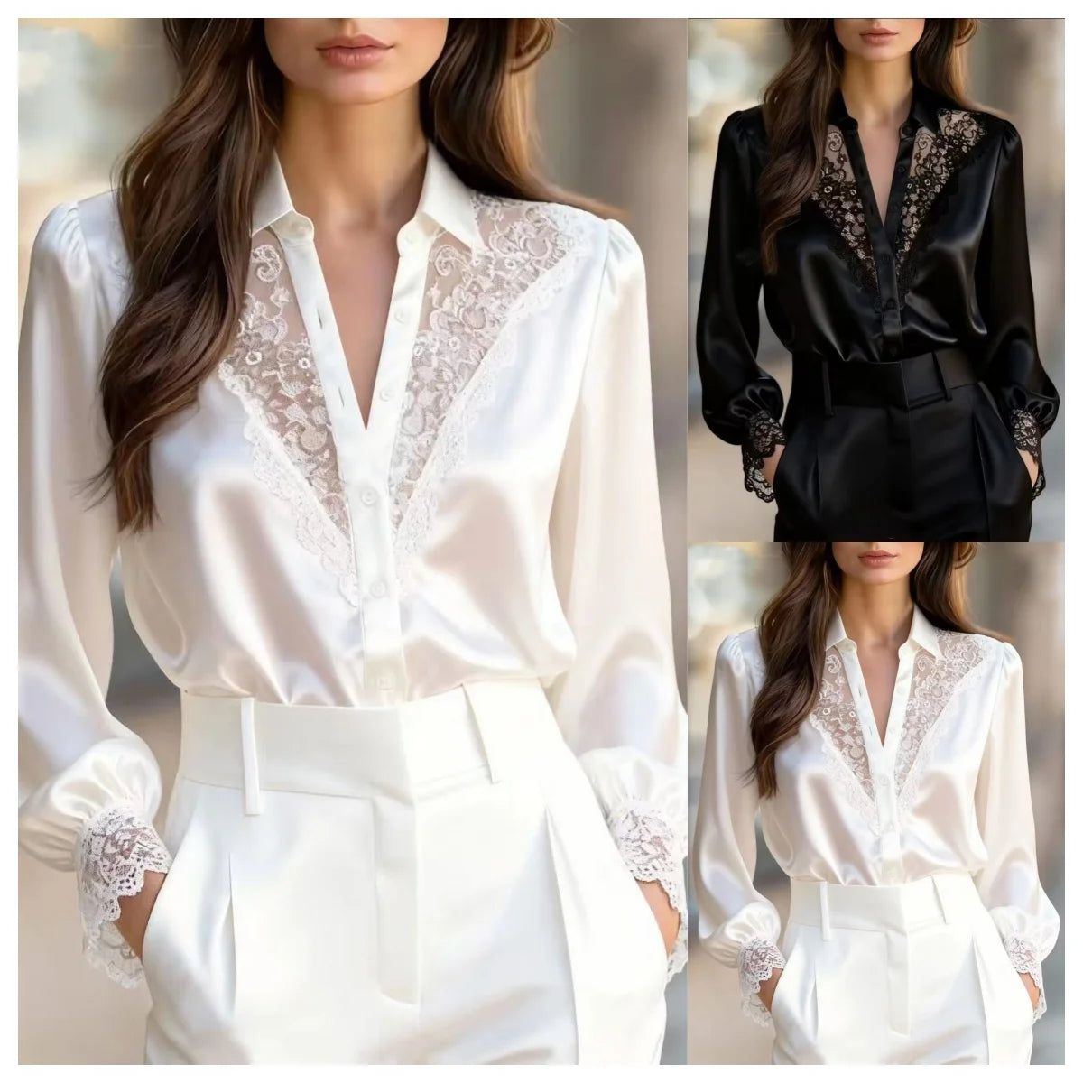 White Lace-Trimmed Satin Blouse