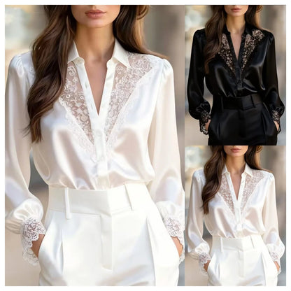 White Lace-Trimmed Satin Blouse