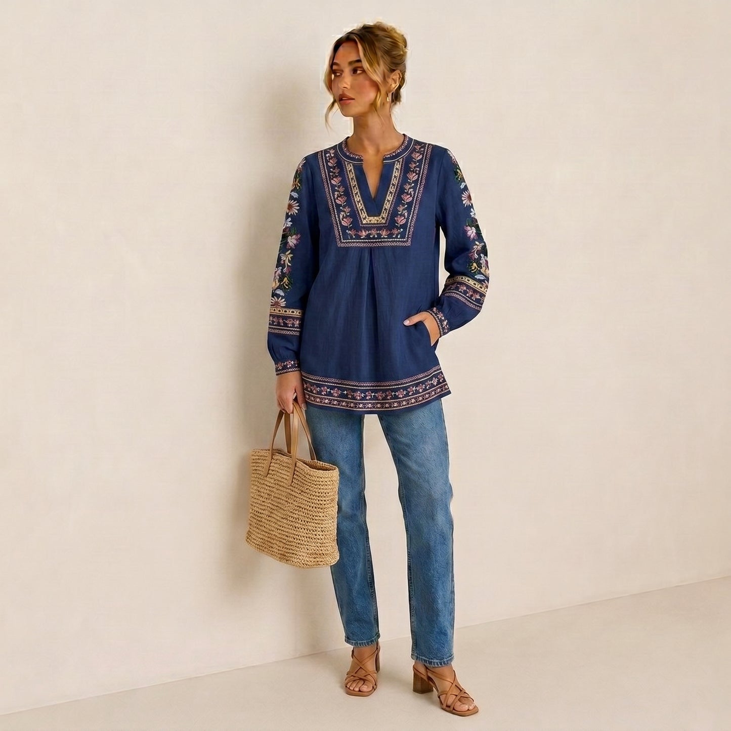 Embroidery Flower Totem Pullover Shirt