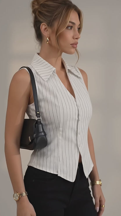 Vertical Stripes Collar V Neck Sleeveless