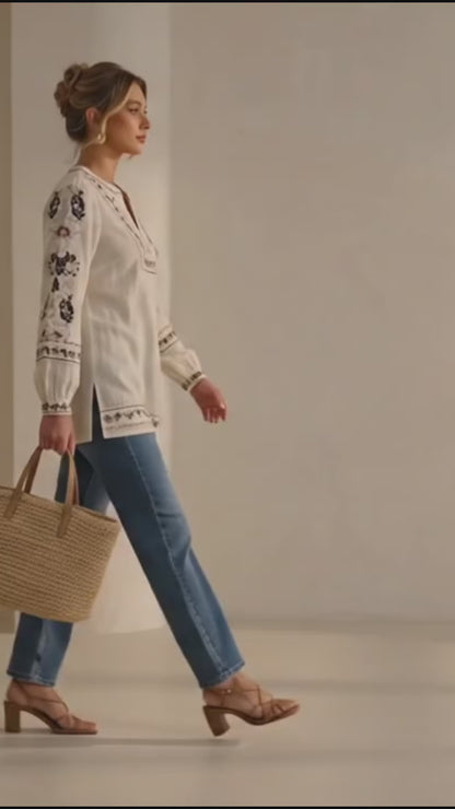 Embroidery Flower Totem Pullover Shirt