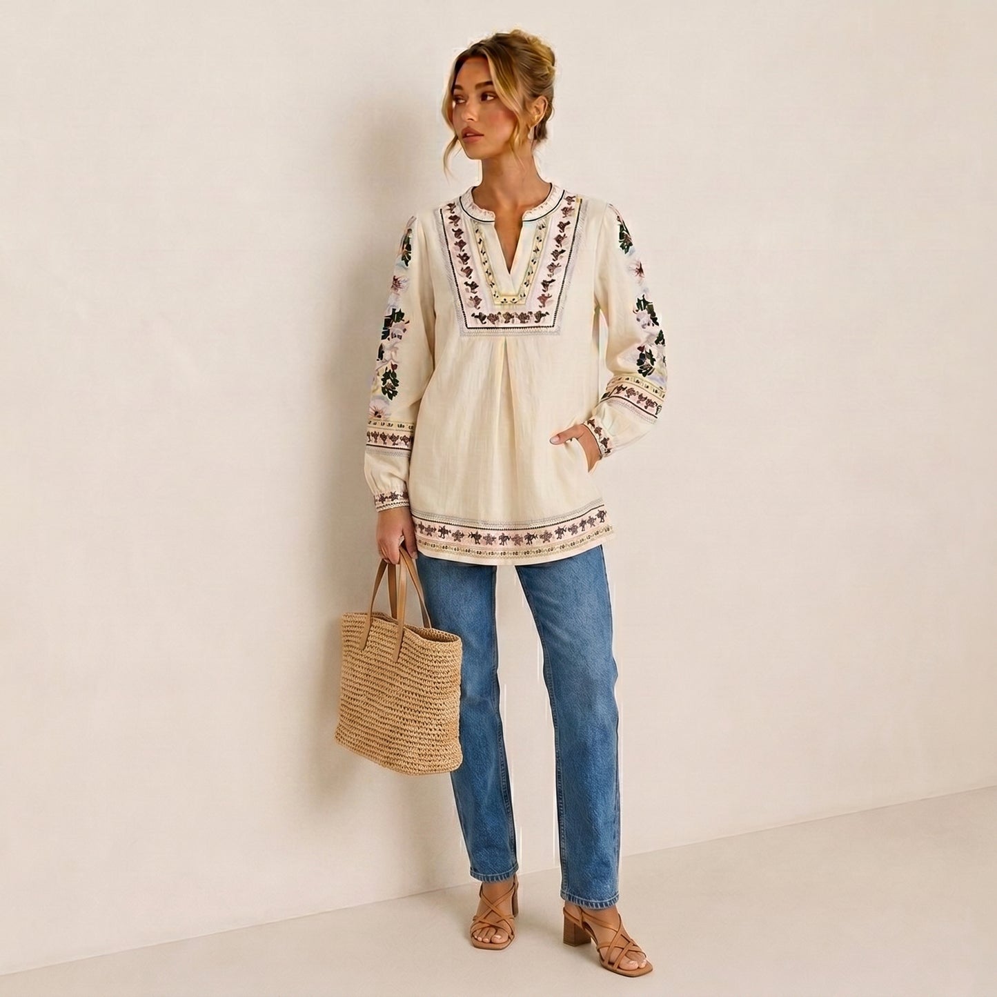 Embroidery Flower Totem Pullover Shirt