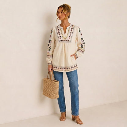 Embroidery Flower Totem Pullover Shirt